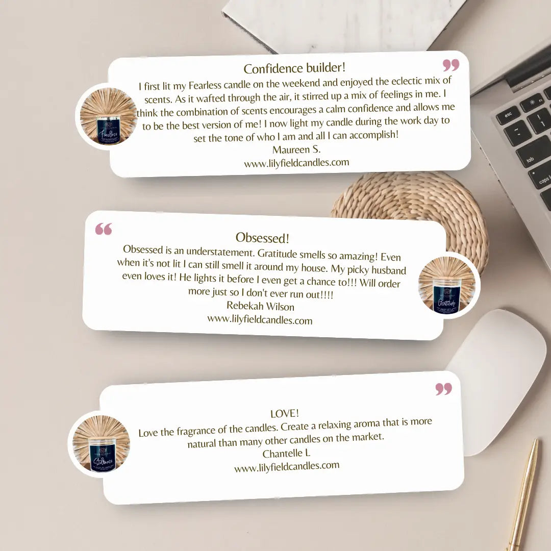 Lilyfield Candles customer reviews displayed on a beige desk with candle product images.