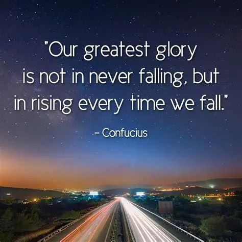 Inspirational Confucius quote about perseverance over a night highway landscape with car lights.