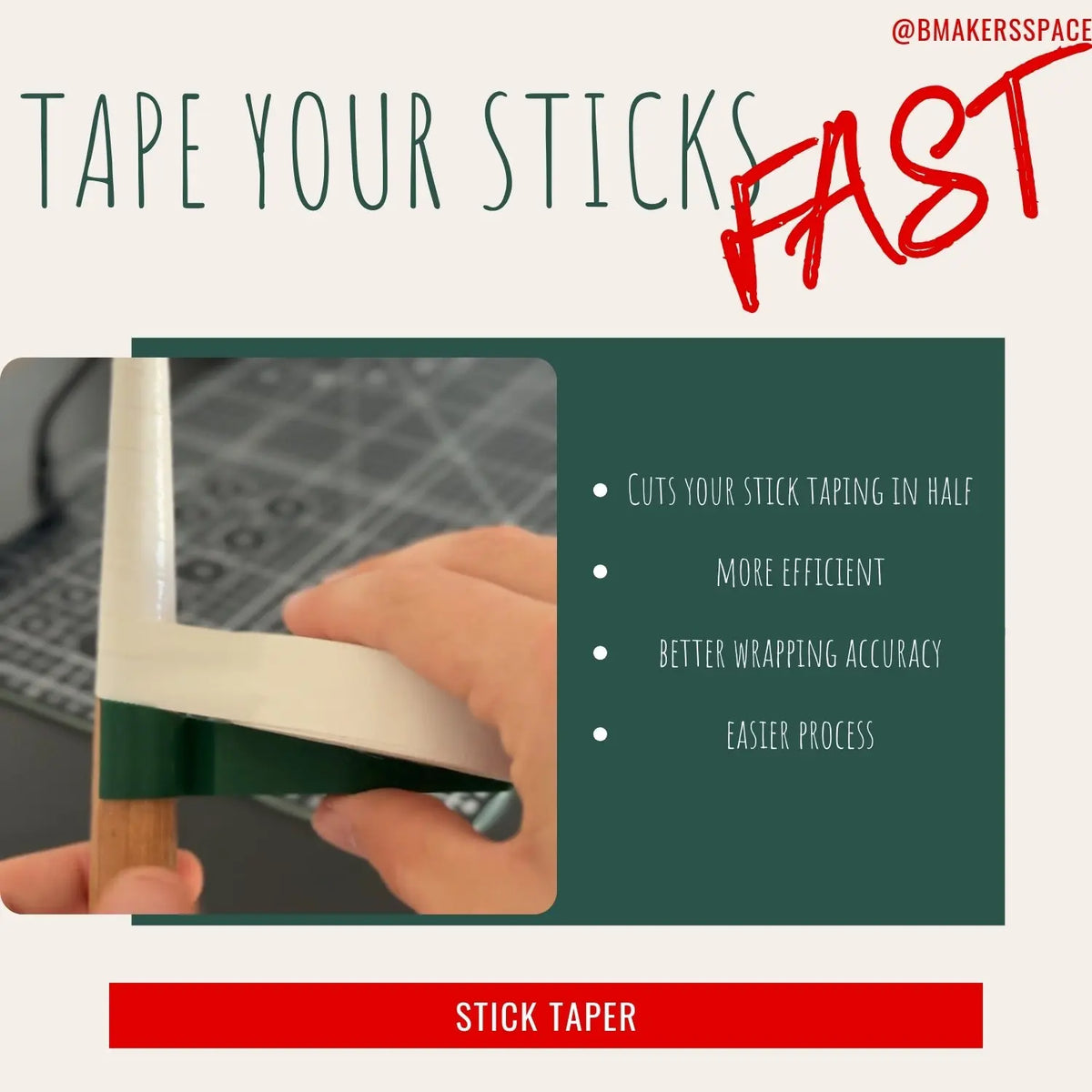 Hand taping a wooden stick with white tape, stick taper tool, efficient wrapping process
