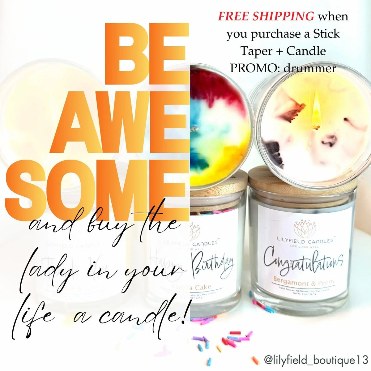 Lilyfield Candles candle jars with colorful lids, confetti, and promo for free shipping offer.