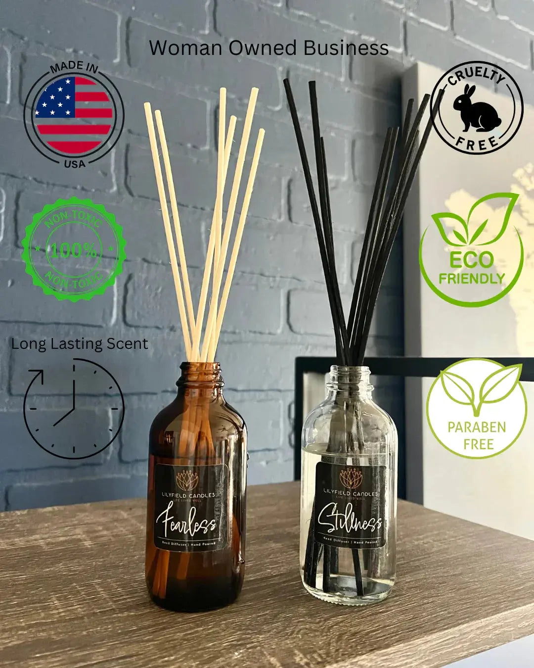 Two reed diffusers on a table with eco-friendly, cruelty-free, and non-toxic product badges.