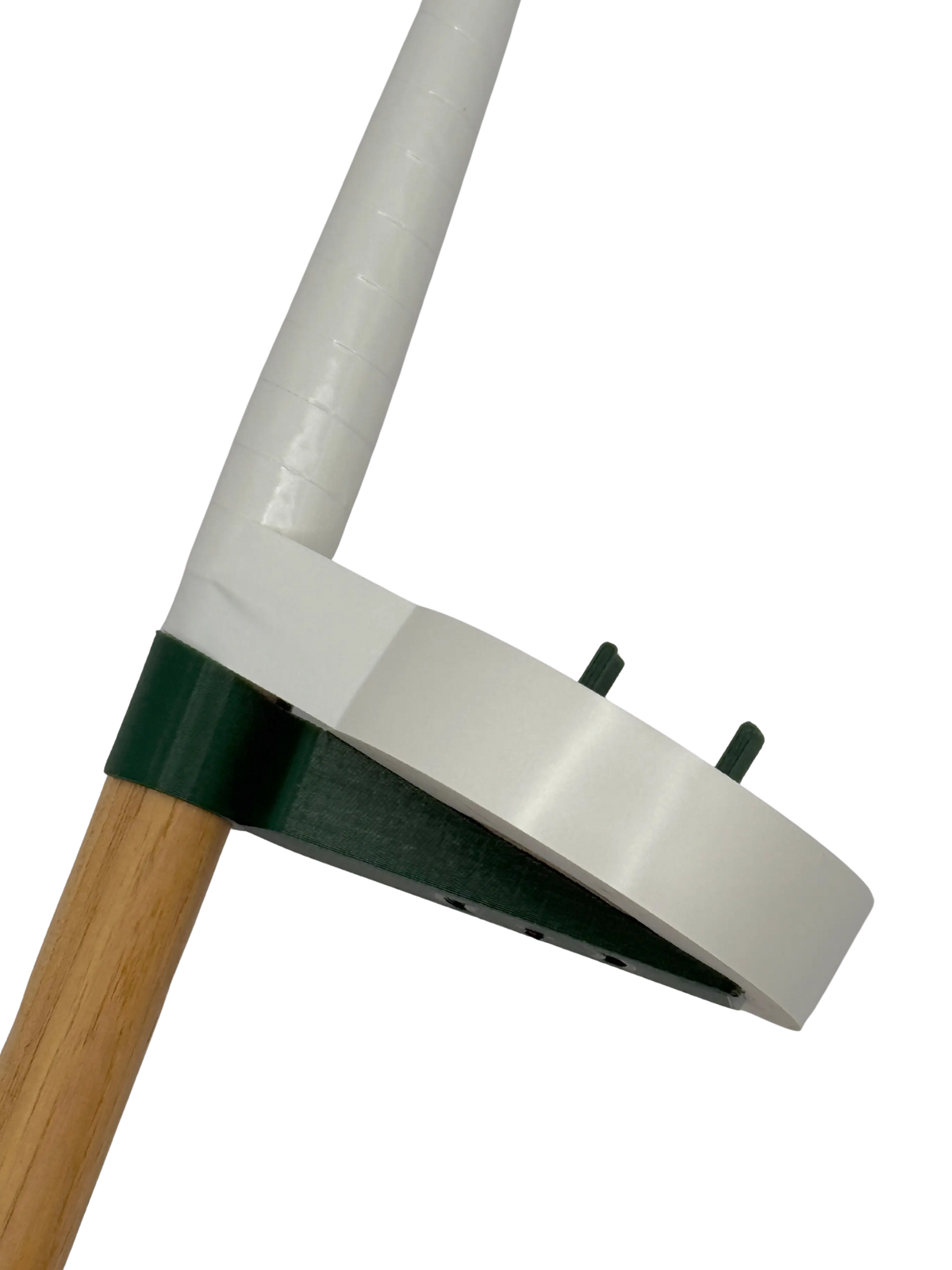 Close-up of a lacrosse stick head with white wrap and wooden handle on black background