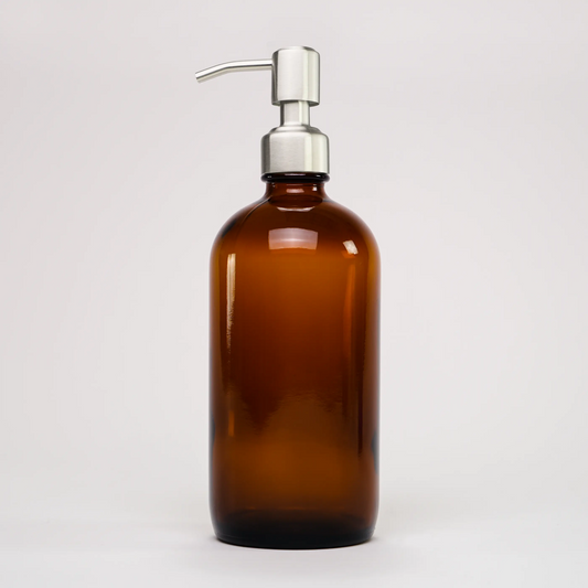 Amber Glass Keeper Bottle | 16 oz | Stainless Steel Pump Rustic Strength