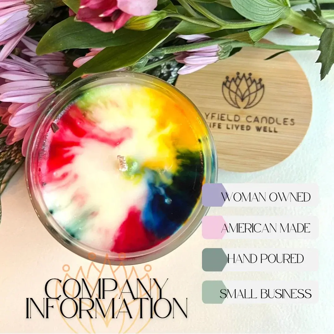 Colorful hand-poured candle in glass jar with flowers, Mayfield Candles lid, company info text
