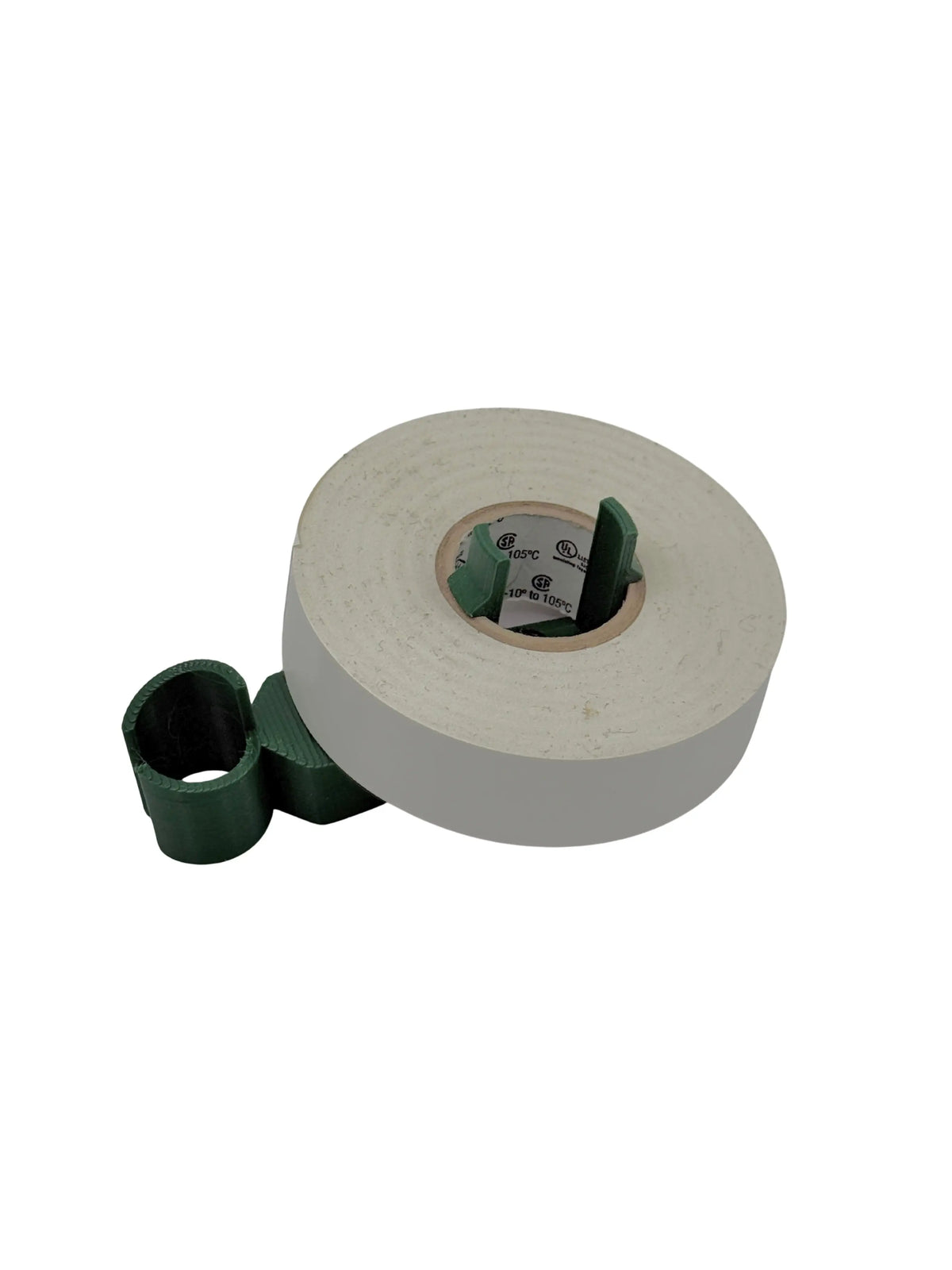 White electrical tape roll with green plastic core on white background